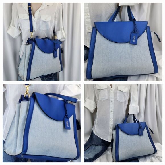 🔥Kate Spade Saturday Blue "The Large A" Leather/Canvas Satchel/Crossbody Purse - Picture 5 of 15